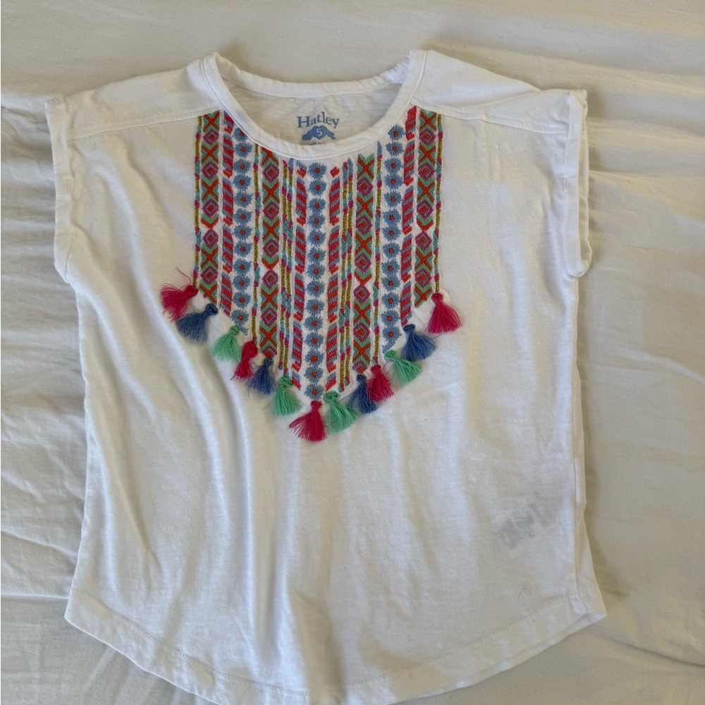 HATLEY White Tee with Colorful Embroidery and Tassels